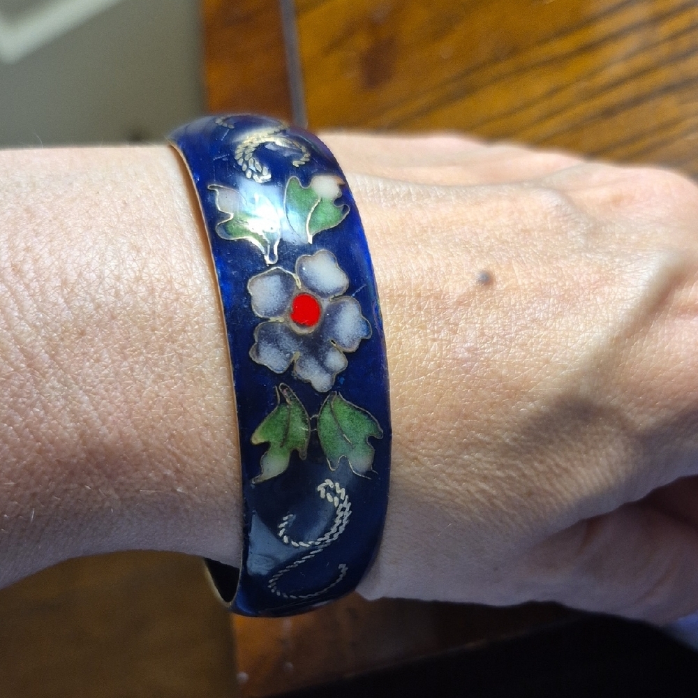 Vintage Cloissone Wide Indigo Blue Butterfly And Flower Bangle Bracelet